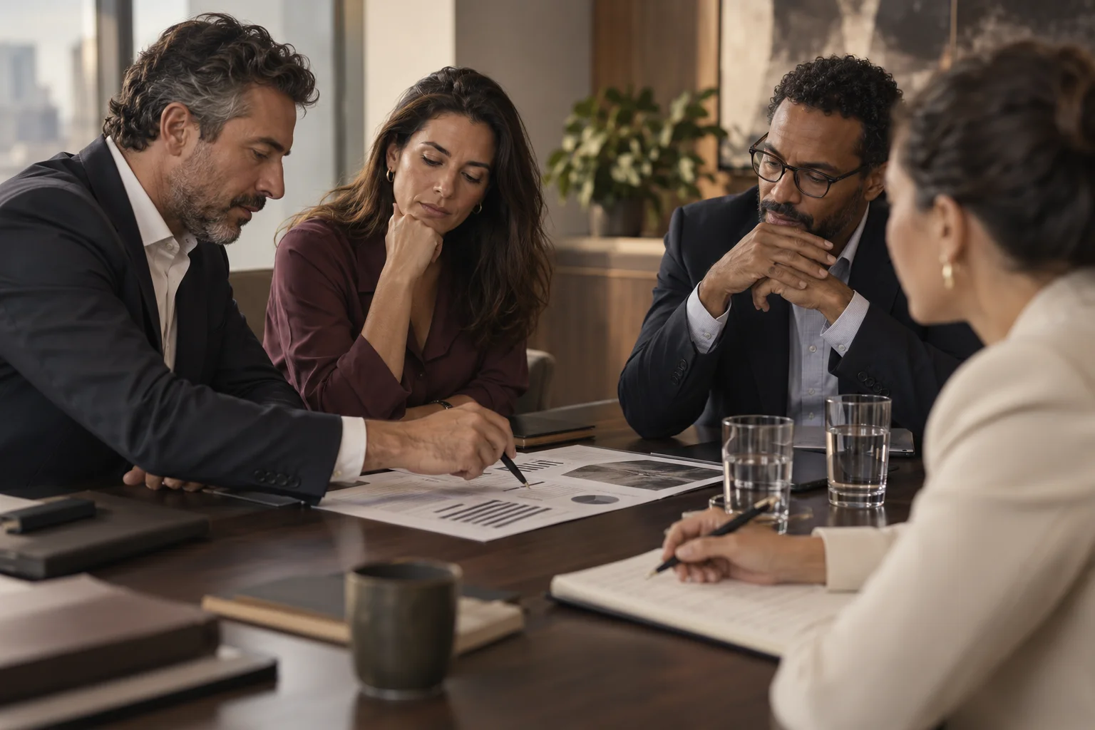 Cena conceitual de profissionais discutindo um relatório em uma reunião corporativa.