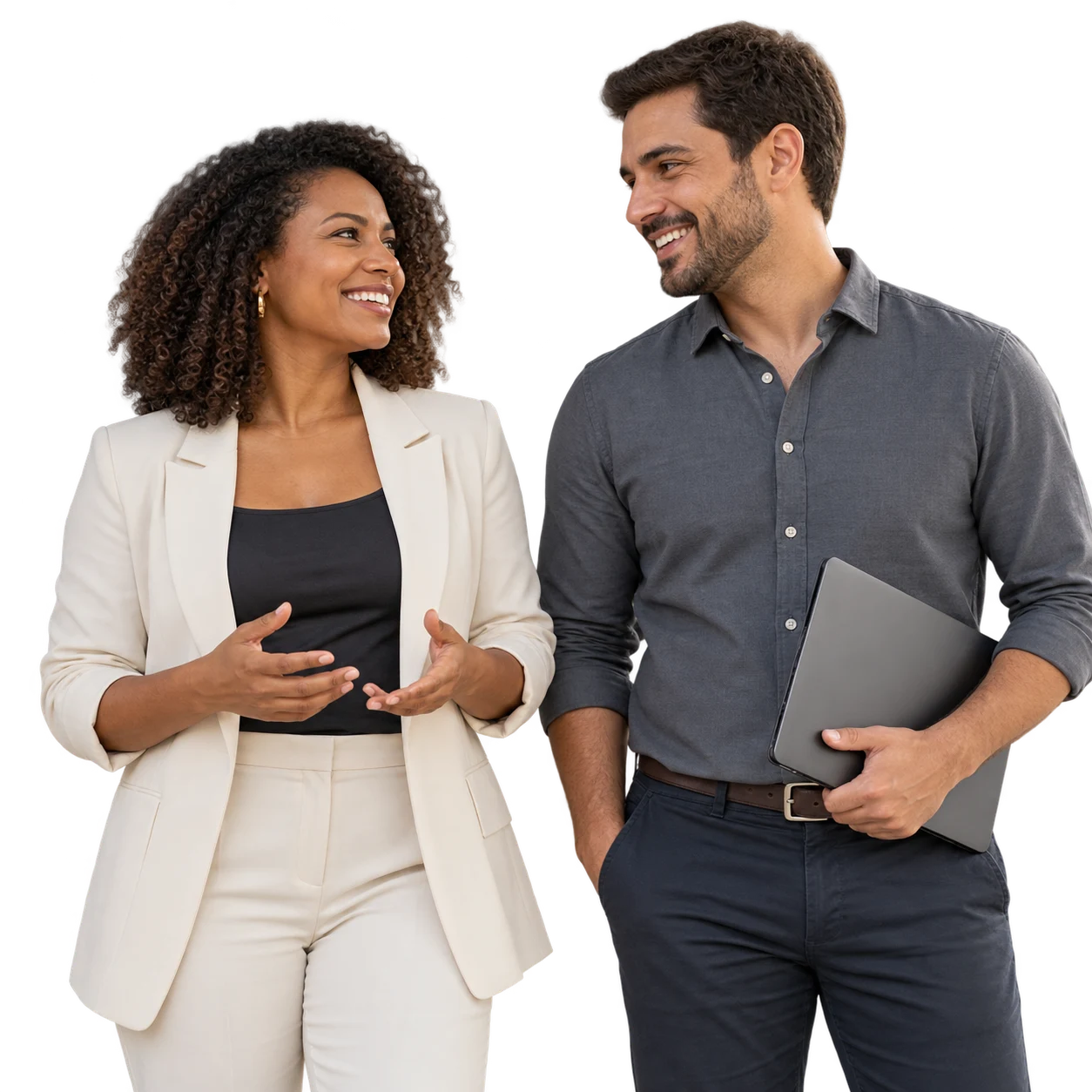 Dois colegas em uma conversa sobre a rotina de trabalho