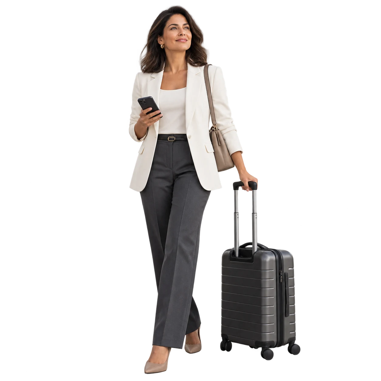 Profissional em viagem corporativa, com mala de rodinhas e telefone celular